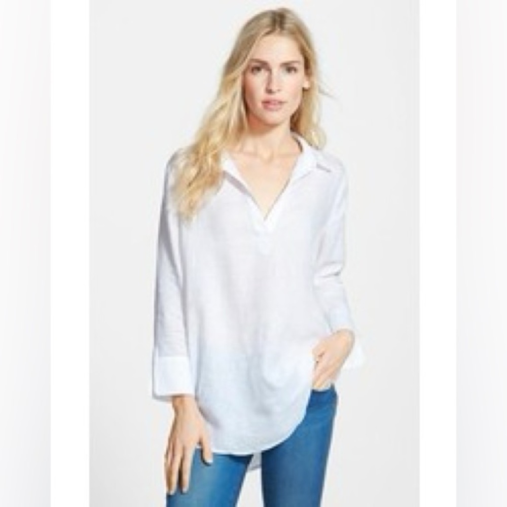Vineyards Vines Linen Blend  Tunic Top White Relaxed Collared Shirt Medium
